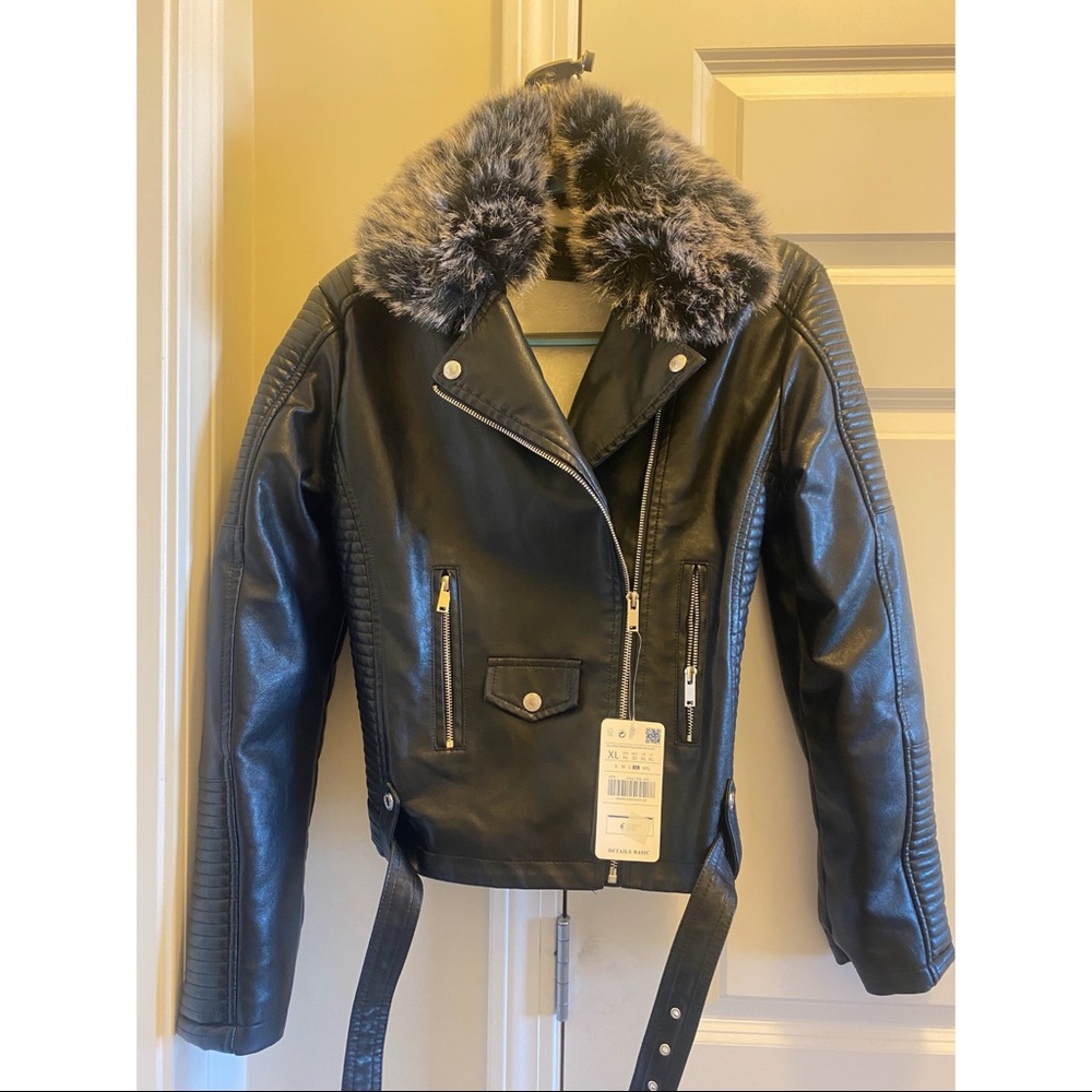 Faux leather jacket with removable fur collar